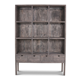 Prachtige grote grijze grijs houten kast boekenkast winkelkast roomdivider met lades en schappen vakken vergrijsd landelijk industrieel vergrijsd stoer 225 x 160 x 40 cm