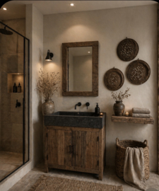 Houten Badkamermeubel wastafelmeubel inclusief hardstenen wasbak wastafel badkamer badmeubel SEP