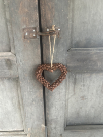 Roestbruin metalen hart hartje krans aan jute touw met rusty belletjes 10 cm  kerstbal kersthanger deurhanger