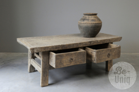 Hele stoere robuuste 121 x 55 x H45 cm vergrijsd houten salontafel tafel wandmeubel  tv meubel televisiekast bank Sidetable met 2 lades tvmeubel tvkast televisie kast tafel ladekast ladenkast stoer hout vergrijsde tafel landelijk sober boerentafel