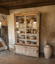 Grote unieke vintage oud houten kast vitrinekast glaskast 219 x 135 x 61 cm met schuifdeuren glaskast landelijk stoer vintage industrieel stoer
