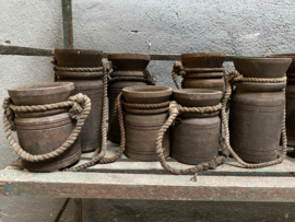 Kleine houten Nepal potjes potje landelijk stoer met jute touw