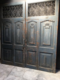 Prachtige grote oude houten wand paneel deuren kozijn poort deur kamerscherm decoratie 244,5 x 223 cm stoer landelijk industrieel oud old grijs blauw grijsblauw