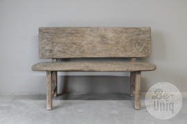 Oude lange vergrijsd houten bank eettafelbank met rugleuning eetkamerbank landelijk stoer 142 cm