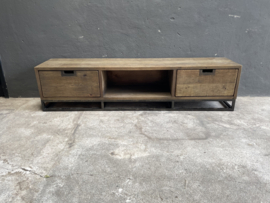 vergrijsd doorleefd houten tv meubel televisie kast dressoir kast 170 x 35 x H41 cm landelijk stoer industrieel vintage hout houten metalen pootjes