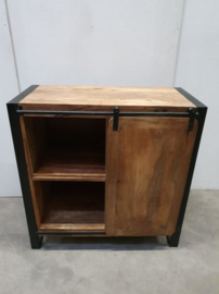 Stoer industrieel houten kastje kast dressoir schuifdeur sidetable met metaal en 3 lades vintage