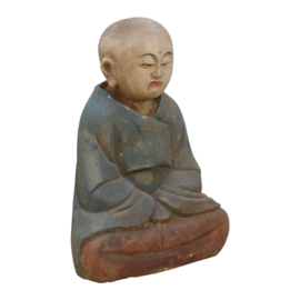 Prachtige oude houten buddha Boedha Boeddha budha beeldje blauw monnik monniken beeld beeldje oud landelijk