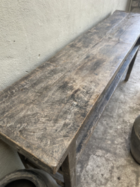 Hele stoere oude vergrijsd houten sidetable 186 cm wandtafel met schap stoer landelijk industrieel vintage buro bureau