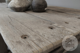 Authentieke oude vergrijsd houten fabriekstafel Sidetable kookeiland atelier winkelkast 188 x 90 x H92 cm kookeiland werkbank keukeneiland keukenblok werktafel atelier stamtafel sta-tafel hangtafel bar bartafel winkel tafel landelijk stoer industrieel