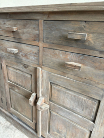 Groot vergrijsd houten kast dressoir wandmeubel landelijk stoer ladekast tv televisie 225 cm lang