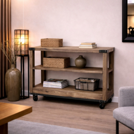 Grote houten industrieel kast schap rek sidetable dressoir op wielen H90 x L120 x D40 cm landelijk stoer r