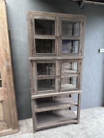 Grote oud houten kast 221 x 101 x 44cm glaskast vitrinekast keukenkast glas glazen deurtjes  landelijke kast