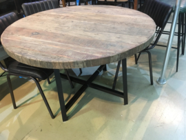 Grote ronde houten eettafel tafel met metalen onderstel 120 cm rond landelijk industrieel vintage