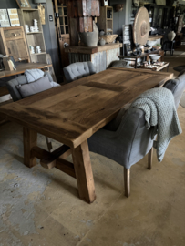 Massieve vergrijsd massief eiken tafel boerentafel eettafel 217 x 102 x H77 cm kloostertafel landelijk robuust stoer eettafel