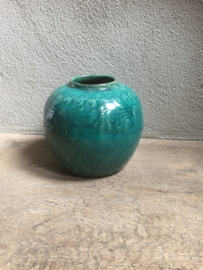 Oude stenen kruik kruikje potje pot turkoise zeegroen gemberpot turqoise turkoois turquoise vaas landelijk vintage