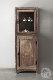 Mooie oude houten vitrinekast kast glaskast servies keuken landelijk brocant stoer vintage H 132 X 44 x 38 cm