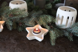 Stenen theelichtje theelichthouder tealight Holder wit ster 13 cm Leeff Tijn white star