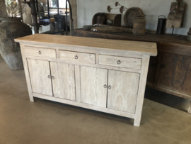 Oude licht vergrijsd houten kast 170 x 45 x H92 cm  dressoir Werkbank sideboard Sidetable ladekast deurtjes landelijk sober stoer