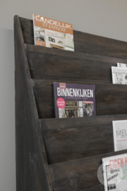 Grijs antraciet zwart houten lectuurbak groot 117 x 92 x 38 cm magazine lees reclame folderrek  rek schap lectuur folders landelijk stoer industrieel vintage