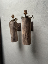 Vergrijsd houten wandlamp wandlampje wandlampen wandlampjes stronk landelijk stoer vintage