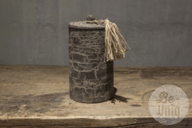 Ronde vergrijsd houten pot trommel met deksel en kwast hoog model grijs jute touw kwastje potje bak landelijk sober