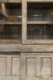 Grote unieke vintage oud houten kast vitrinekast glaskast 219 x 135 x 61 cm met schuifdeuren glaskast landelijk stoer vintage industrieel stoer