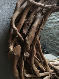 Grote ronde teakhouten spiegel stronk driftwood stronkjes drijfhout rond hout landelijk 75 cm