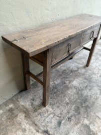 Hele mooie landelijke vergrijsd houten sidetable 148 x 40 x H80 cm wandmeubel wandtafel ladekast met 2 grote lades en metalen beslag