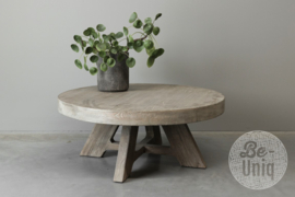 Vergrijsd houten ronde salontafel 90 x 38 cm landelijk stoer tafel rond Elmwood elmhout old