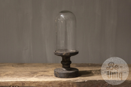 Prachtige glazen stolp op vergrijsd houten voet plateau small klein H44 x 17 cm landelijk vintage finish