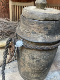 Hoffz oud doorleefd vergrijsd houten pot kruik jute touw met deksel landelijk stoer vintage