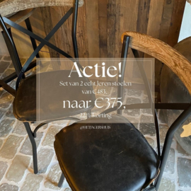 Actie! Set van 2 echt leren stoere zwarte houten stoelen metaal leer stoel