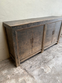 Groot uniek oud vergrijsd houten dressoir 4 deurs wandtafel sidetable deurtjes landelijk stoer vintage industrieel 190 x 45 x H101 cm