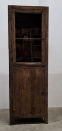 Stoere oud houten vitrinekast smal hoog keukenkast servieskast landelijk truckwood Railway vergrijsd stoer 180 x 60 x 40 cm