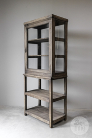 Oud naturel vergrijsd houten kast vitrinekast keukenkast servies winkelkast wandkast wandmeubel landelijk vintage H165 x B66 x D38 cm