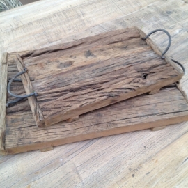 Oud houten dienblad Groot tray railway wagondelen hout met hengsels landelijk