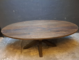 Robuuste oud vergrijsd houten ovale tafel 220 x 110 cm kloostertafel tafel eettafel landelijk industrieel stoer vintage retro urban leestafel ovaal