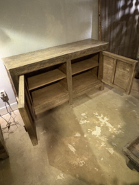 Prachtig groot oud vergrijsd houten dressoir wandmeubel sidetable 2 deurs sideboard landelijk 146 x 44 x H84 cm