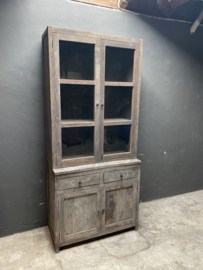 Grote oud houten kast 221 x 100 x 50 cm glaskast vitrinekast keukenkast glas glazen deurtjes grijs landelijke kast