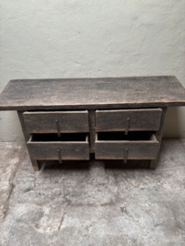 Stoere oude landelijke ladekast vergrijsd doorleefd houten Sidetable grijs zwart wandtafel 152 cm