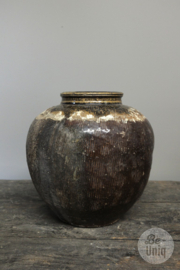 Mooie oude stenen geglazuurde kruik pot vaas H32 x 36 cm origineel oude zoutpot