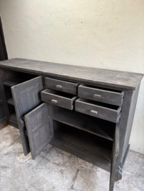 Landelijk groot vergrijsd grijs houten dressoir 224 x 53 X H120 cm wandmeubel stoer lades deurtjes werkbank Sidetable