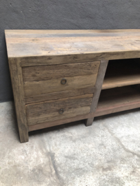 Prachtig oud doorleefd vergrijsd houten tvmeubel televisiekast kast tv bassano 160 cm televisie sidetable ladenkast landelijk stoer industrieel