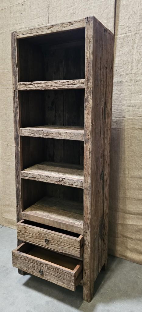 Old wood boekenkast smal landelijk stoer kast schap rek met lades en vakken truckwood railway H180 X 40 x B60 cm