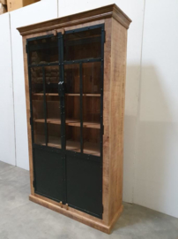 Stoere kast servieskast industrieel landelijk vintage hout metaal stoer robuust met glas vitrinekast