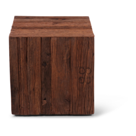 Stoer grof oud railway truckwood houten blok sokkel zuil tafel op wieltjes salontafel bijzettafel 45 x 45 x 46 cm