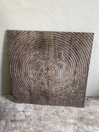 Gaaf groot oud vergrijsd vierkant houten wandpaneel 102 x 102 cm Mandela cirkel rond ronde cirkels  wanddecoratie landelijk stoer vintage