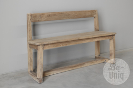 Stoer oud houten bankje bank met rugleuning vintage landelijk industrieel schoolbank schoolbankje naturel hout met rugleuning