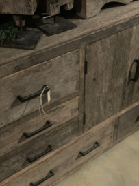 Stoere Truckwood railway vergrijsd houten kast ladenkast badmeubel Madrid badkamermeubel wastafel meubel ladekast loft met lades en deurtjes 125 x 85 x 41 cm sideboard sidetable dressoir kast landelijk stoer industrieel urban SEP