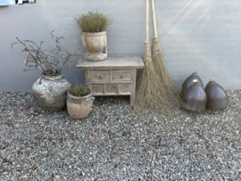 Orgineel oude vergrijsd houten vijzel pot Vijzelpot vaas bak urn kan landelijk stoer